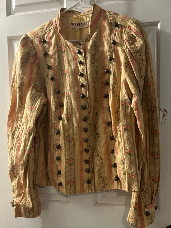 Free People Jackets & Blazers - Free People Yellow Striped Floral Button-Up Jacket
